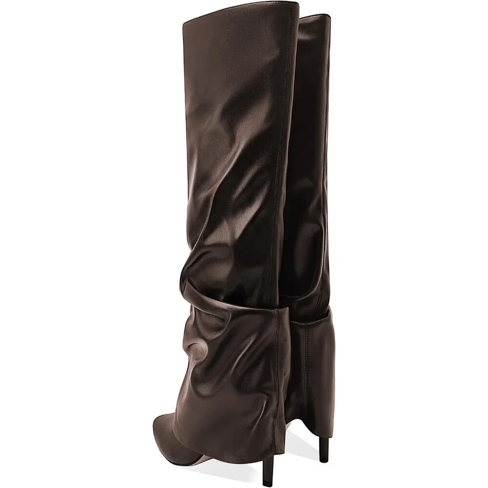 Women's Brown-Pu Knee High Fold Over Wide Calf Pointed Toe Long Heel Boot